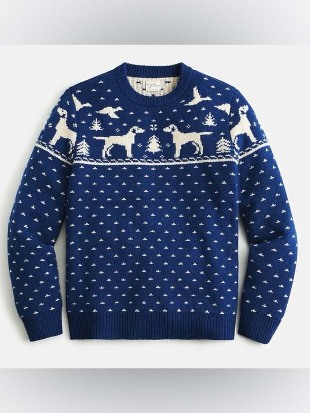 J. Crew blue and white Fairisle dogs 100% lambswool sweater size medium